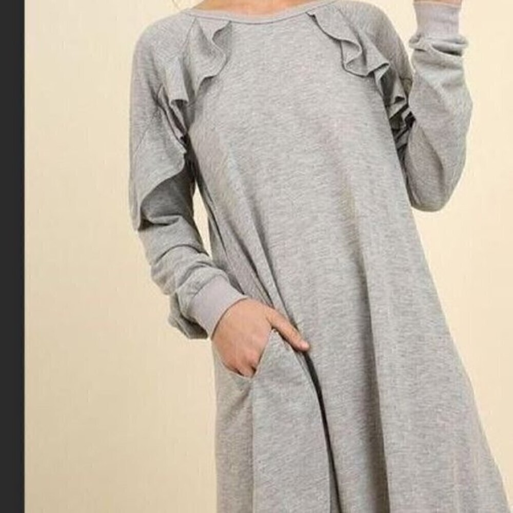 Umgee Ruffle Shoulder Long Sleeve Casual Comfy Lightweight Dress